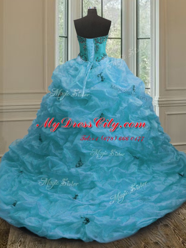 Charming Aqua Blue Lace Up Sweet 16 Dress Beading and Appliques and Pick Ups Sleeveless With Train Court Train