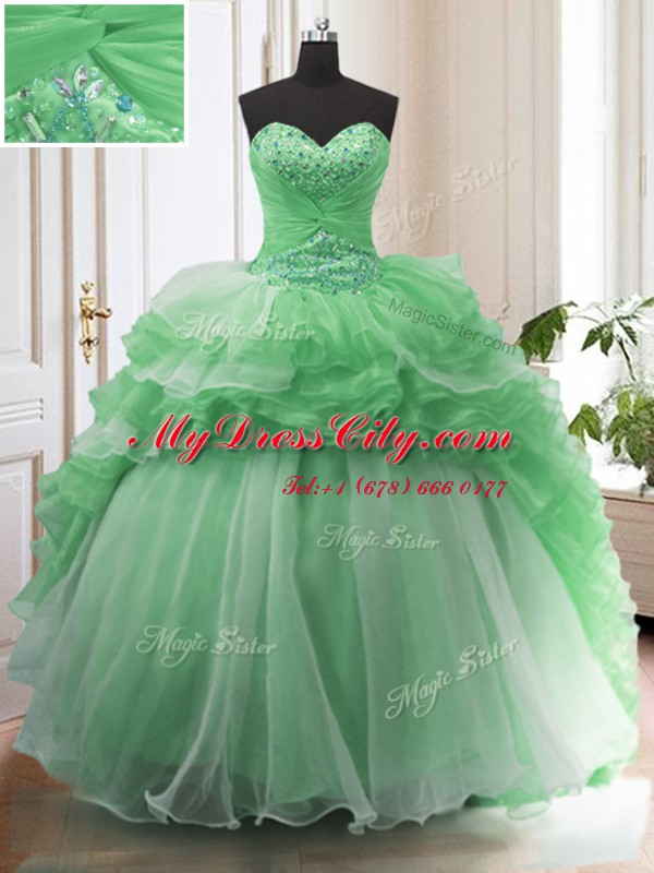 Ruffled Sweetheart Sleeveless Sweep Train Lace Up Quince Ball Gowns Green Organza