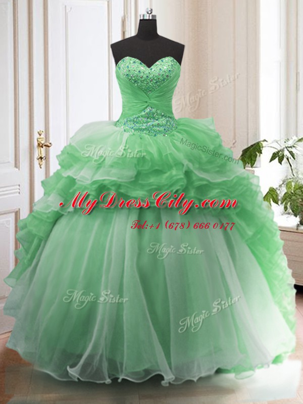 Ruffled Sweetheart Sleeveless Sweep Train Lace Up Quince Ball Gowns Green Organza