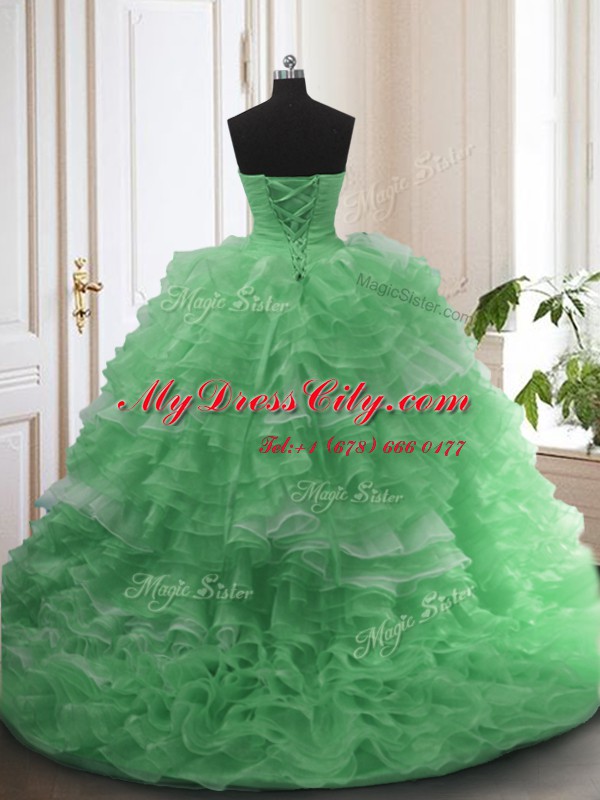 Ruffled Sweetheart Sleeveless Sweep Train Lace Up Quince Ball Gowns Green Organza