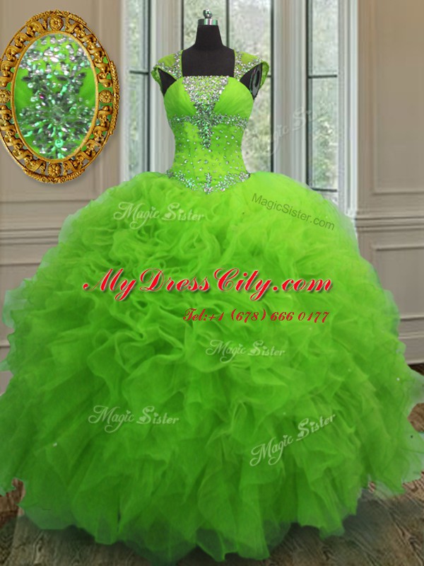 Romantic Straps Cap Sleeves Beading and Ruffles and Sequins Lace Up 15 Quinceanera Dress