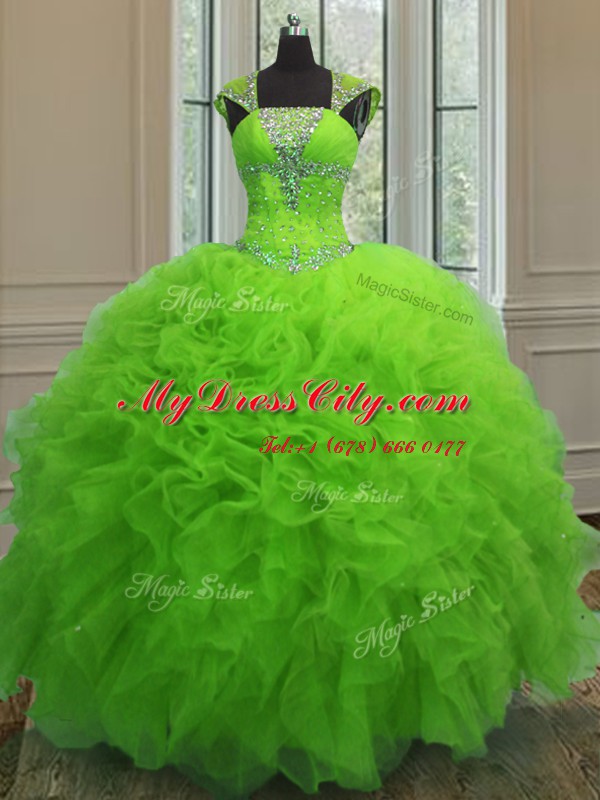 Romantic Straps Cap Sleeves Beading and Ruffles and Sequins Lace Up 15 Quinceanera Dress