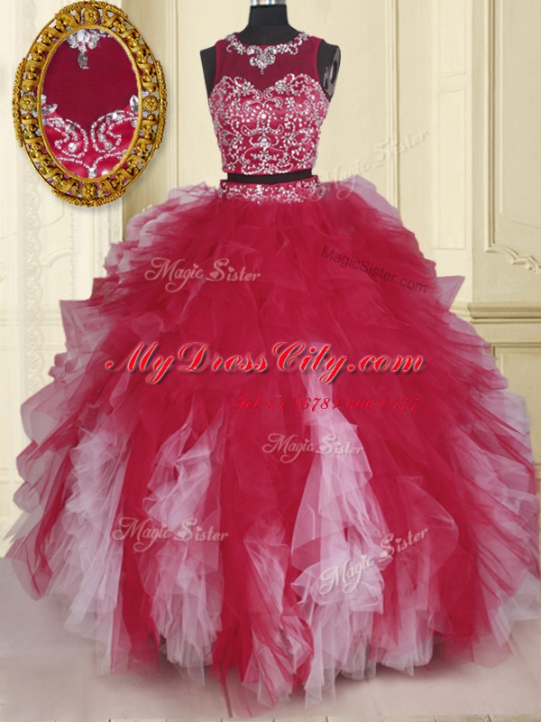 Luxury White And Red Scoop Neckline Beading and Ruffles 15 Quinceanera Dress Sleeveless Zipper