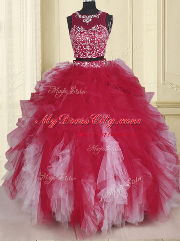 Luxury White And Red Scoop Neckline Beading and Ruffles 15 Quinceanera Dress Sleeveless Zipper