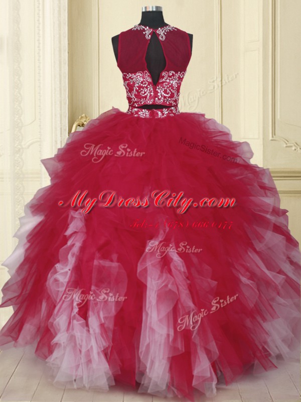 Luxury White And Red Scoop Neckline Beading and Ruffles 15 Quinceanera Dress Sleeveless Zipper