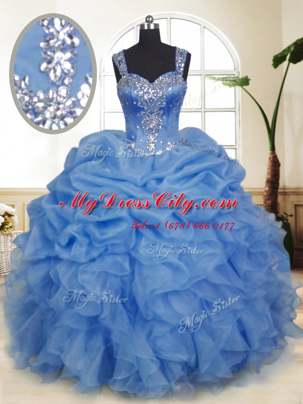 Luxury Pick Ups Blue Sleeveless Organza Zipper Quinceanera Dress for Military Ball and Sweet 16 and Quinceanera