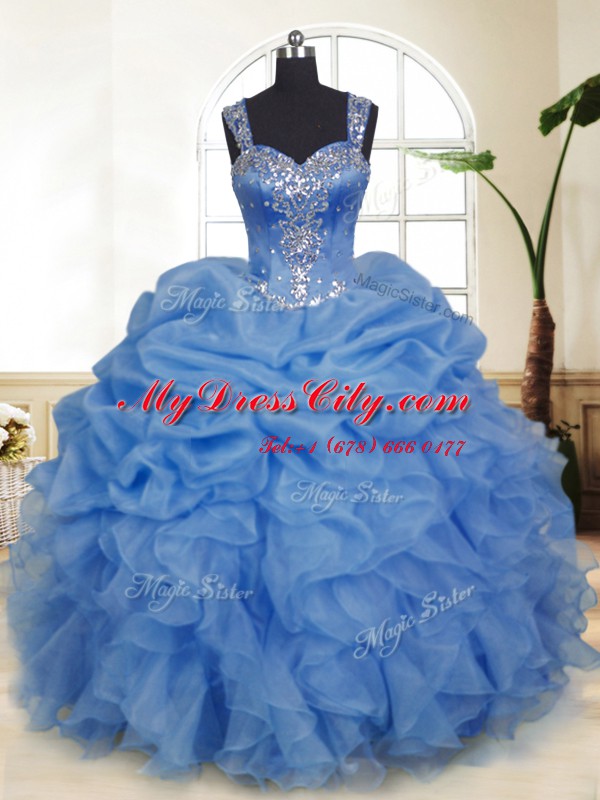 Luxury Pick Ups Blue Sleeveless Organza Zipper Quinceanera Dress for Military Ball and Sweet 16 and Quinceanera