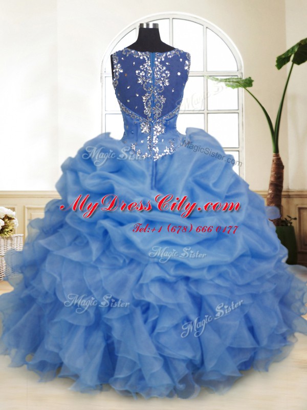 Luxury Pick Ups Blue Sleeveless Organza Zipper Quinceanera Dress for Military Ball and Sweet 16 and Quinceanera