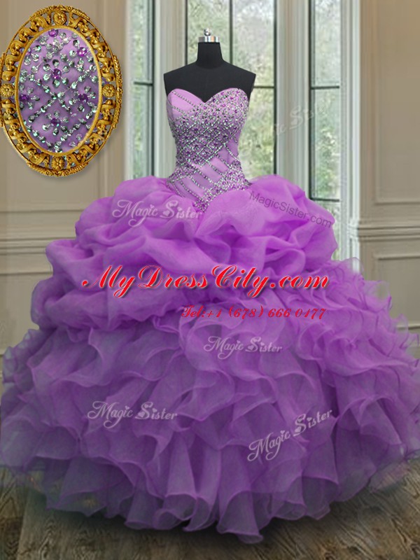 Customized Lavender Organza Lace Up Sweetheart Sleeveless Floor Length Quince Ball Gowns Beading and Ruffles and Pick Ups