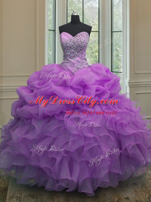 Customized Lavender Organza Lace Up Sweetheart Sleeveless Floor Length Quince Ball Gowns Beading and Ruffles and Pick Ups