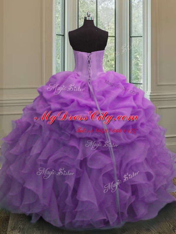 Customized Lavender Organza Lace Up Sweetheart Sleeveless Floor Length Quince Ball Gowns Beading and Ruffles and Pick Ups