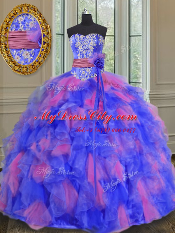 Designer Sleeveless Organza Floor Length Lace Up Sweet 16 Quinceanera Dress in Multi-color with Beading and Appliques and Ruffles and Sashes ribbons and Hand Made Flower