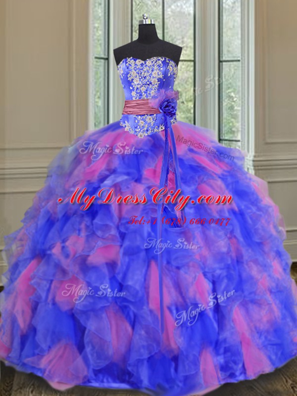 Designer Sleeveless Organza Floor Length Lace Up Sweet 16 Quinceanera Dress in Multi-color with Beading and Appliques and Ruffles and Sashes ribbons and Hand Made Flower