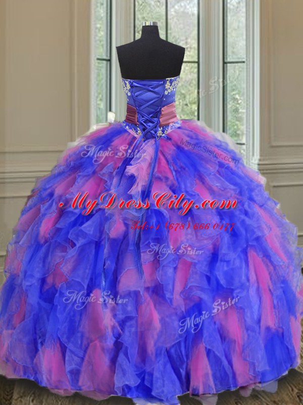 Designer Sleeveless Organza Floor Length Lace Up Sweet 16 Quinceanera Dress in Multi-color with Beading and Appliques and Ruffles and Sashes ribbons and Hand Made Flower