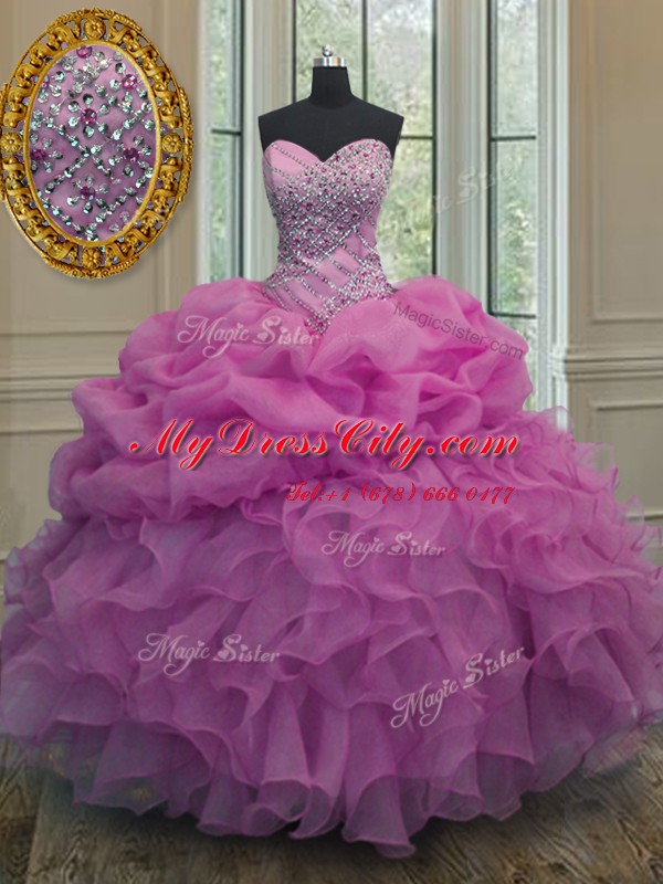 Lilac Sweet 16 Quinceanera Dress Military Ball and Sweet 16 and Quinceanera and For with Beading and Ruffles and Pick Ups Sweetheart Sleeveless Lace Up