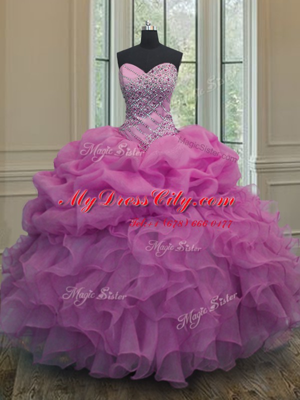 Lilac Sweet 16 Quinceanera Dress Military Ball and Sweet 16 and Quinceanera and For with Beading and Ruffles and Pick Ups Sweetheart Sleeveless Lace Up