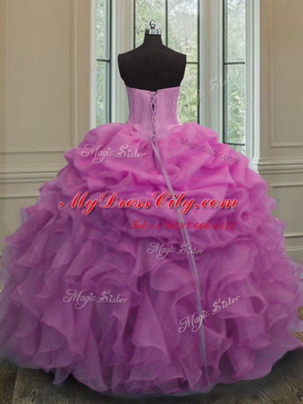 Lilac Sweet 16 Quinceanera Dress Military Ball and Sweet 16 and Quinceanera and For with Beading and Ruffles and Pick Ups Sweetheart Sleeveless Lace Up