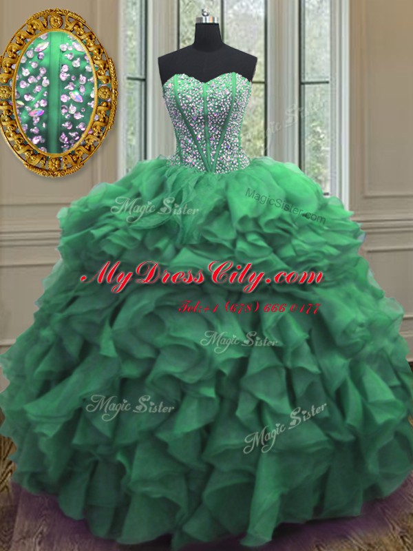 Colorful Green Lace Up Ball Gown Prom Dress Beading and Ruffles Sleeveless Floor Length