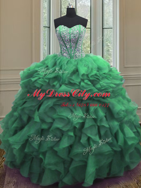 Colorful Green Lace Up Ball Gown Prom Dress Beading and Ruffles Sleeveless Floor Length