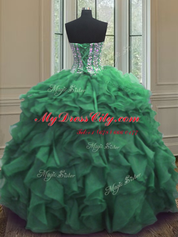 Colorful Green Lace Up Ball Gown Prom Dress Beading and Ruffles Sleeveless Floor Length