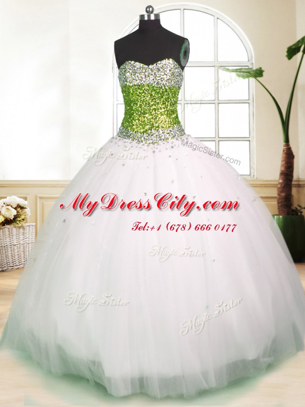 Tulle Sleeveless Floor Length 15th Birthday Dress and Beading