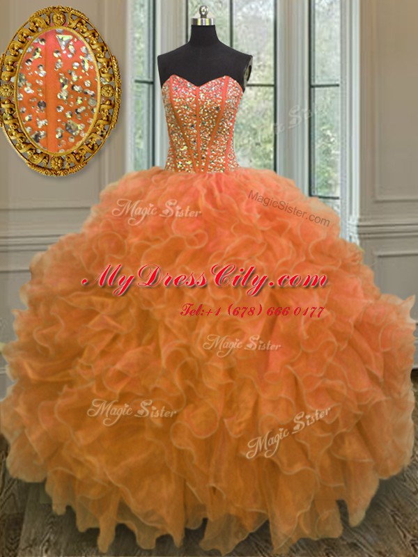 Latest Orange Sweetheart Lace Up Beading and Ruffles Sweet 16 Quinceanera Dress Sleeveless