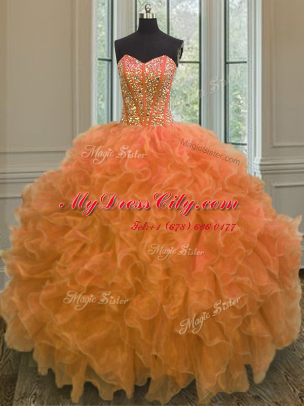 Latest Orange Sweetheart Lace Up Beading and Ruffles Sweet 16 Quinceanera Dress Sleeveless