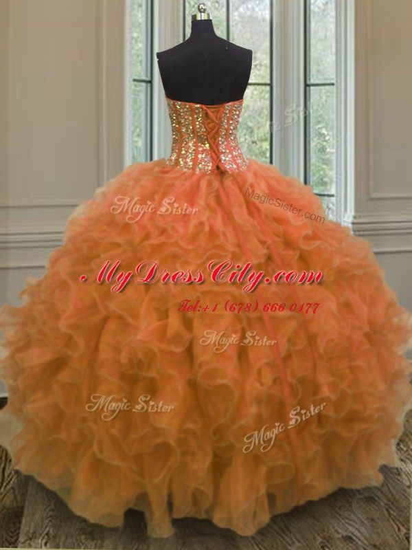 Latest Orange Sweetheart Lace Up Beading and Ruffles Sweet 16 Quinceanera Dress Sleeveless