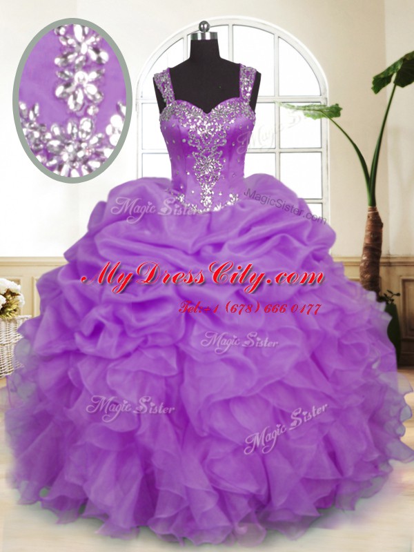 Lavender Ball Gowns Beading and Ruffles and Pick Ups 15 Quinceanera Dress Zipper Organza Sleeveless Floor Length