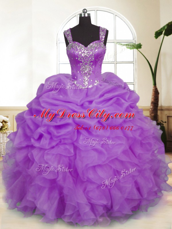 Lavender Ball Gowns Beading and Ruffles and Pick Ups 15 Quinceanera Dress Zipper Organza Sleeveless Floor Length