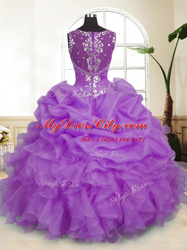 Lavender Ball Gowns Beading and Ruffles and Pick Ups 15 Quinceanera Dress Zipper Organza Sleeveless Floor Length