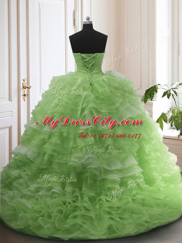 Sleeveless Organza With Train Court Train Lace Up Sweet 16 Dresses in with Beading and Ruffled Layers