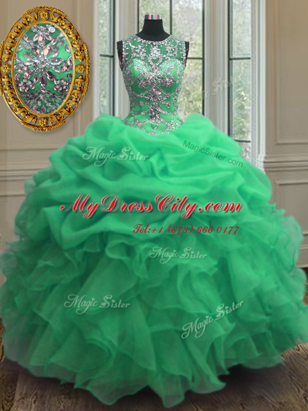 Scoop Sleeveless Floor Length Beading and Ruffles Lace Up Quinceanera Gowns with Green