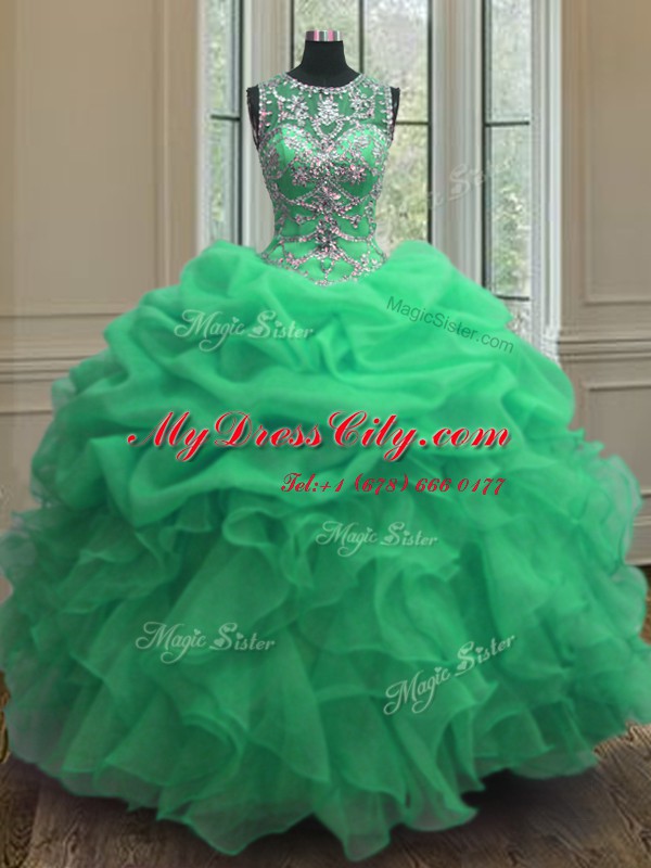 Scoop Sleeveless Floor Length Beading and Ruffles Lace Up Quinceanera Gowns with Green