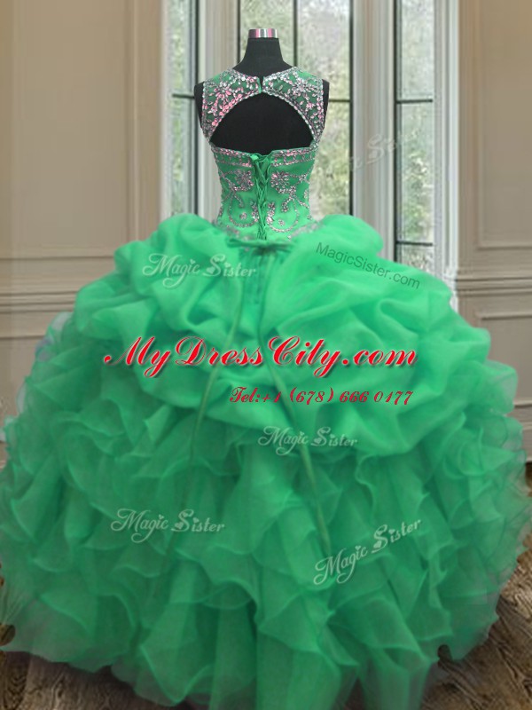 Scoop Sleeveless Floor Length Beading and Ruffles Lace Up Quinceanera Gowns with Green