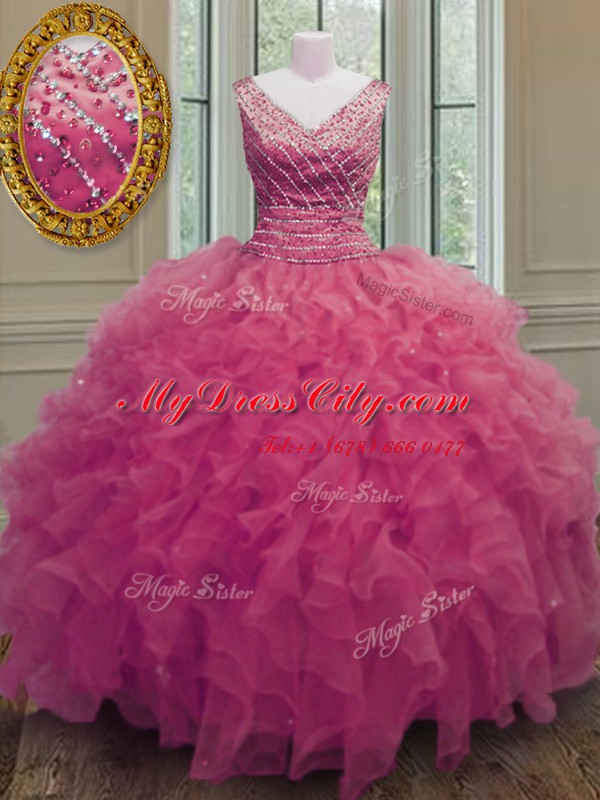 Trendy Hot Pink Sleeveless Floor Length Beading and Ruffles Zipper Quinceanera Gown