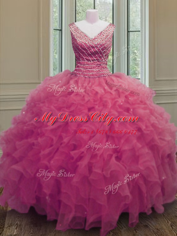 Trendy Hot Pink Sleeveless Floor Length Beading and Ruffles Zipper Quinceanera Gown