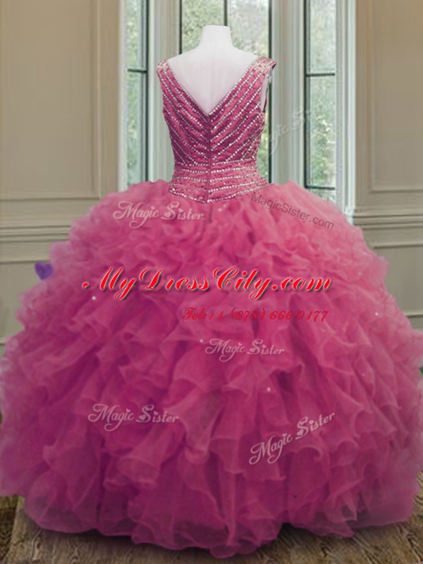 Trendy Hot Pink Sleeveless Floor Length Beading and Ruffles Zipper Quinceanera Gown