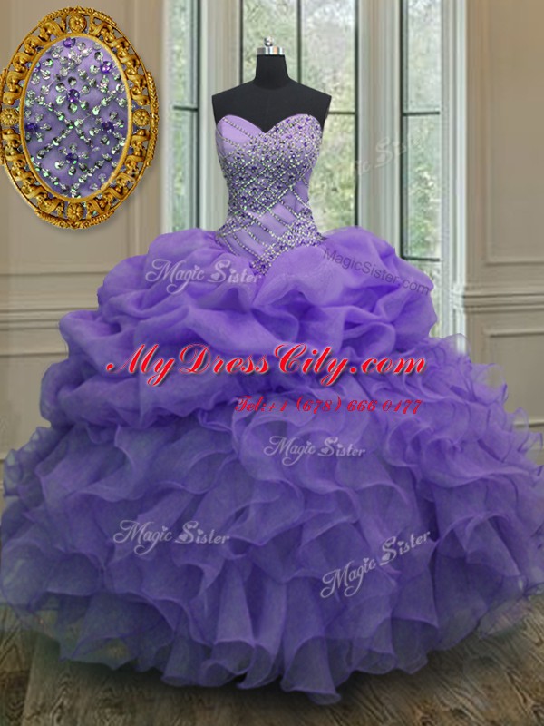 Lavender Organza Lace Up Sweetheart Sleeveless Floor Length Quinceanera Dress Beading and Ruffles and Pick Ups