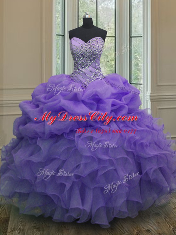 Lavender Organza Lace Up Sweetheart Sleeveless Floor Length Quinceanera Dress Beading and Ruffles and Pick Ups