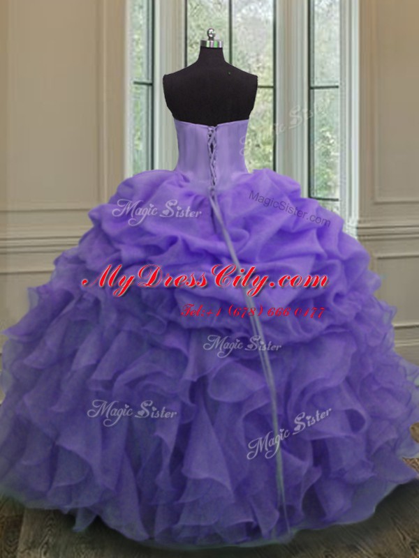 Lavender Organza Lace Up Sweetheart Sleeveless Floor Length Quinceanera Dress Beading and Ruffles and Pick Ups