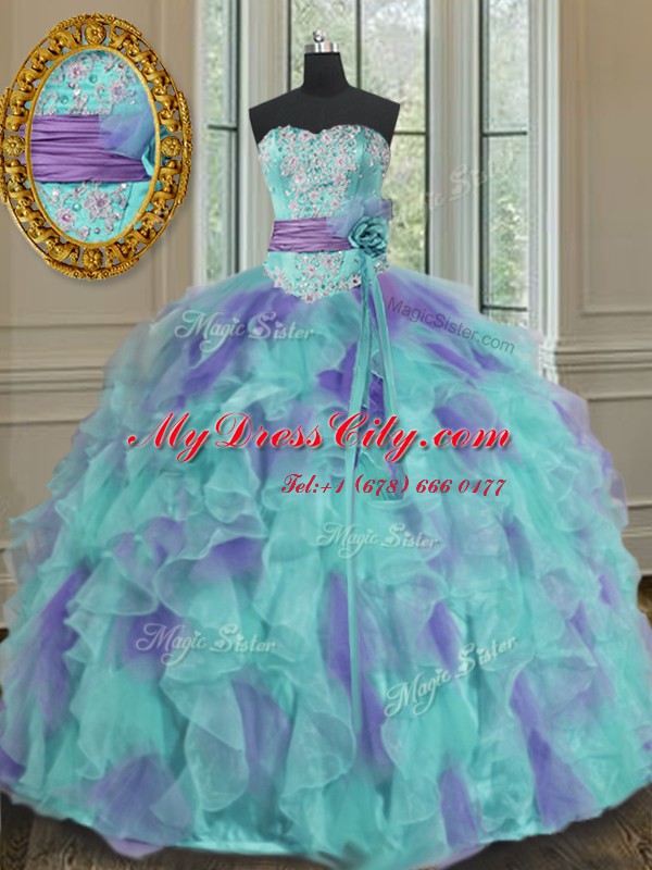 Multi-color Sweetheart Lace Up Beading and Appliques and Ruffles and Sashes ribbons and Hand Made Flower Sweet 16 Quinceanera Dress Sleeveless