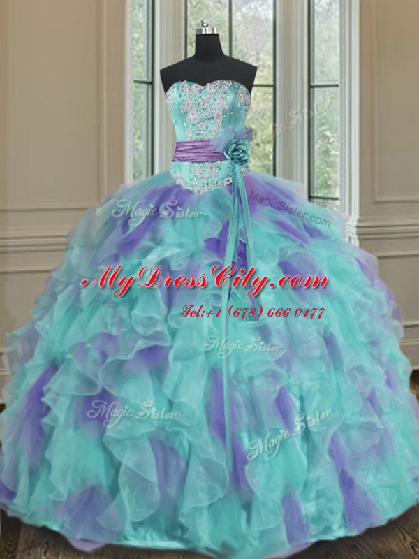 Multi-color Sweetheart Lace Up Beading and Appliques and Ruffles and Sashes ribbons and Hand Made Flower Sweet 16 Quinceanera Dress Sleeveless