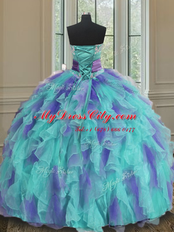 Multi-color Sweetheart Lace Up Beading and Appliques and Ruffles and Sashes ribbons and Hand Made Flower Sweet 16 Quinceanera Dress Sleeveless