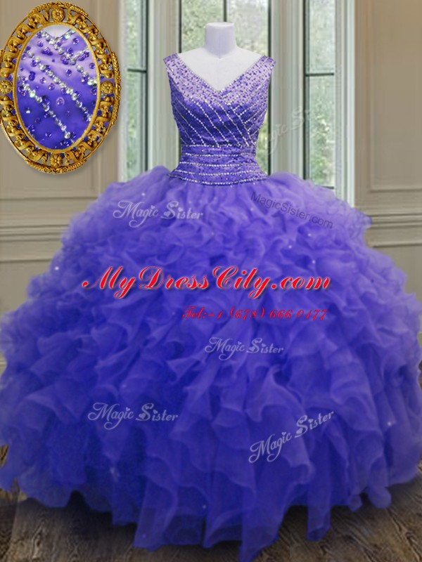 Artistic Purple V-neck Neckline Beading and Ruffles Sweet 16 Dress Sleeveless Zipper