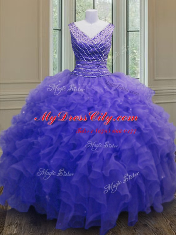 Artistic Purple V-neck Neckline Beading and Ruffles Sweet 16 Dress Sleeveless Zipper