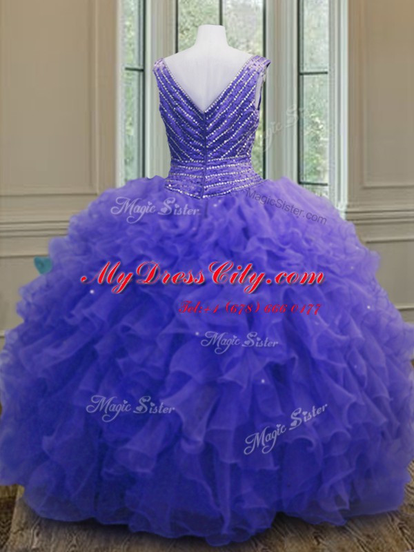 Artistic Purple V-neck Neckline Beading and Ruffles Sweet 16 Dress Sleeveless Zipper