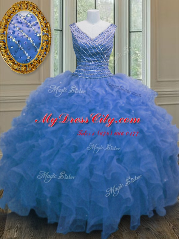 Hot Sale Sleeveless Zipper Floor Length Beading and Ruffles 15 Quinceanera Dress