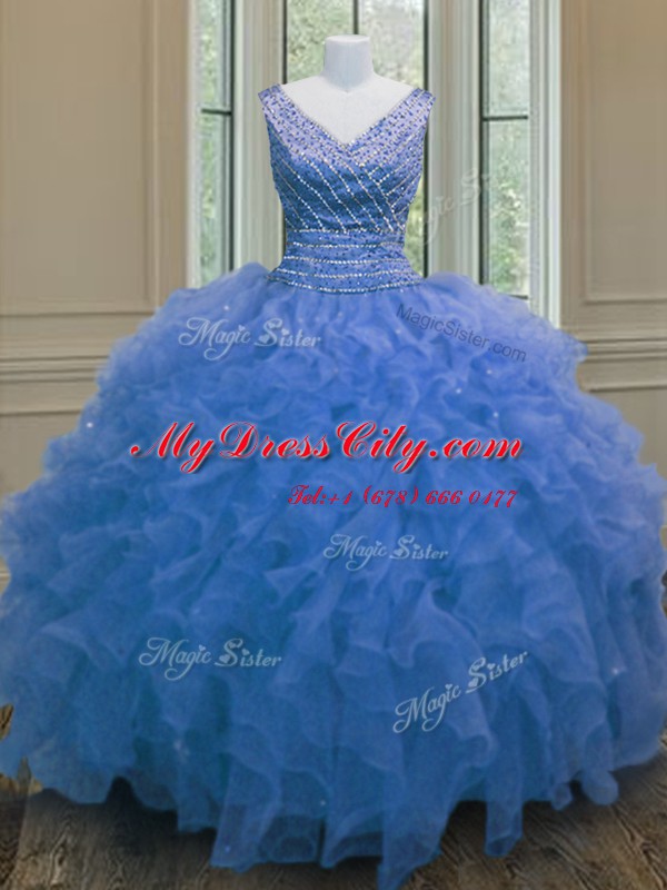 Hot Sale Sleeveless Zipper Floor Length Beading and Ruffles 15 Quinceanera Dress