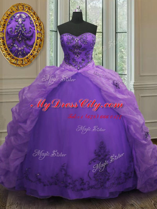 Attractive Pick Ups Purple Sleeveless Organza Court Train Lace Up Vestidos de Quinceanera for Military Ball and Sweet 16 and Quinceanera